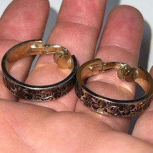 L.H. Segal Earrings Vintage Clip On Gold Tone 1" Hoop Engraved Art